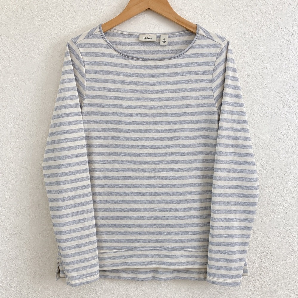 LL Bean Striped Long Sleeve Shirt Sweatshirt Small Gray White Coastal Nautical